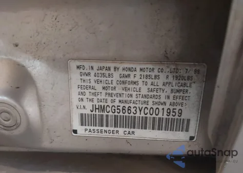 2000 Honda Accord 2.3 Ex из США, поврежденный, VIN JHMCG5663YC001959